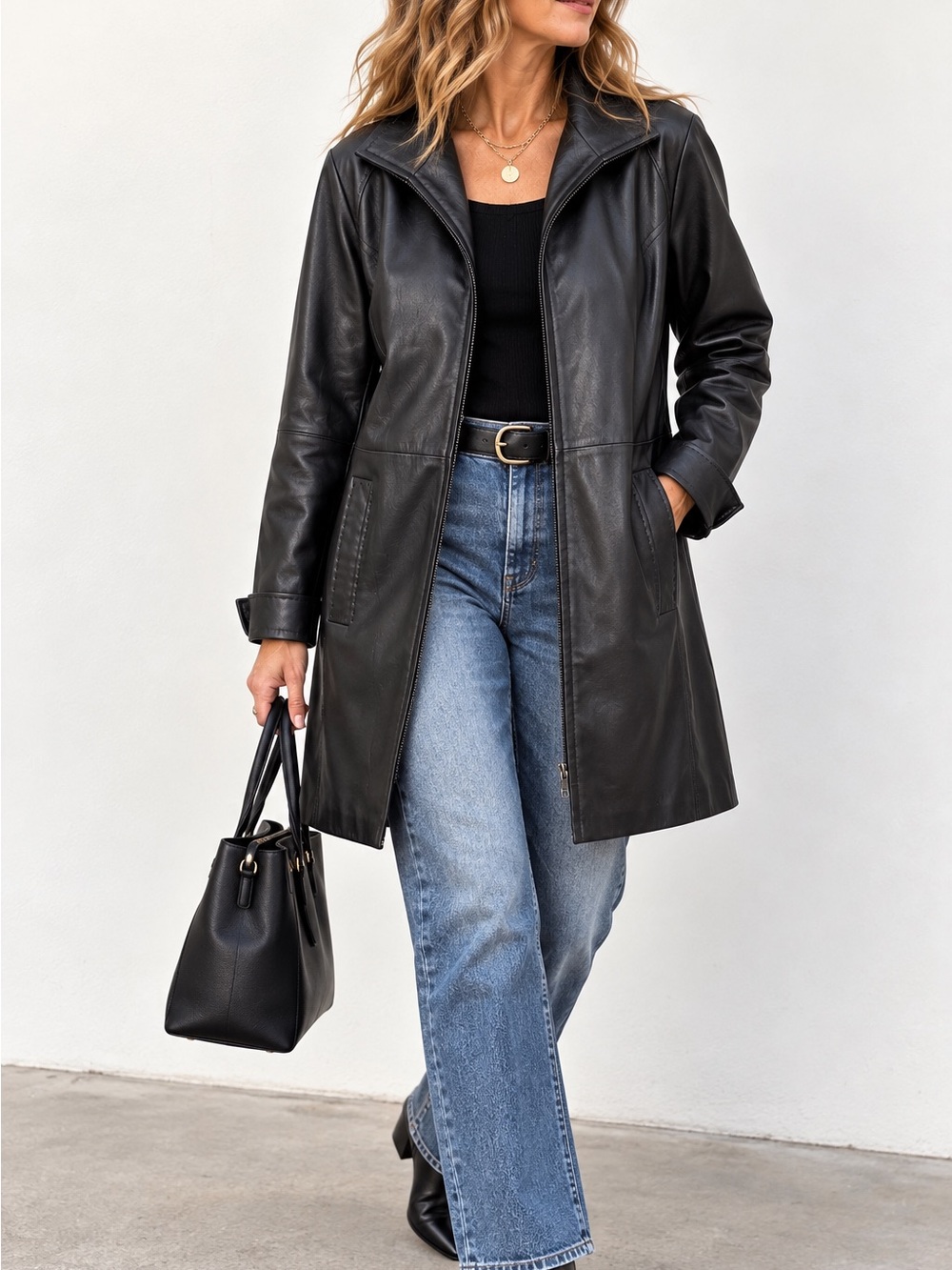 Vintage Worthington Genuine Leather Longline Jacket Coat Black Large